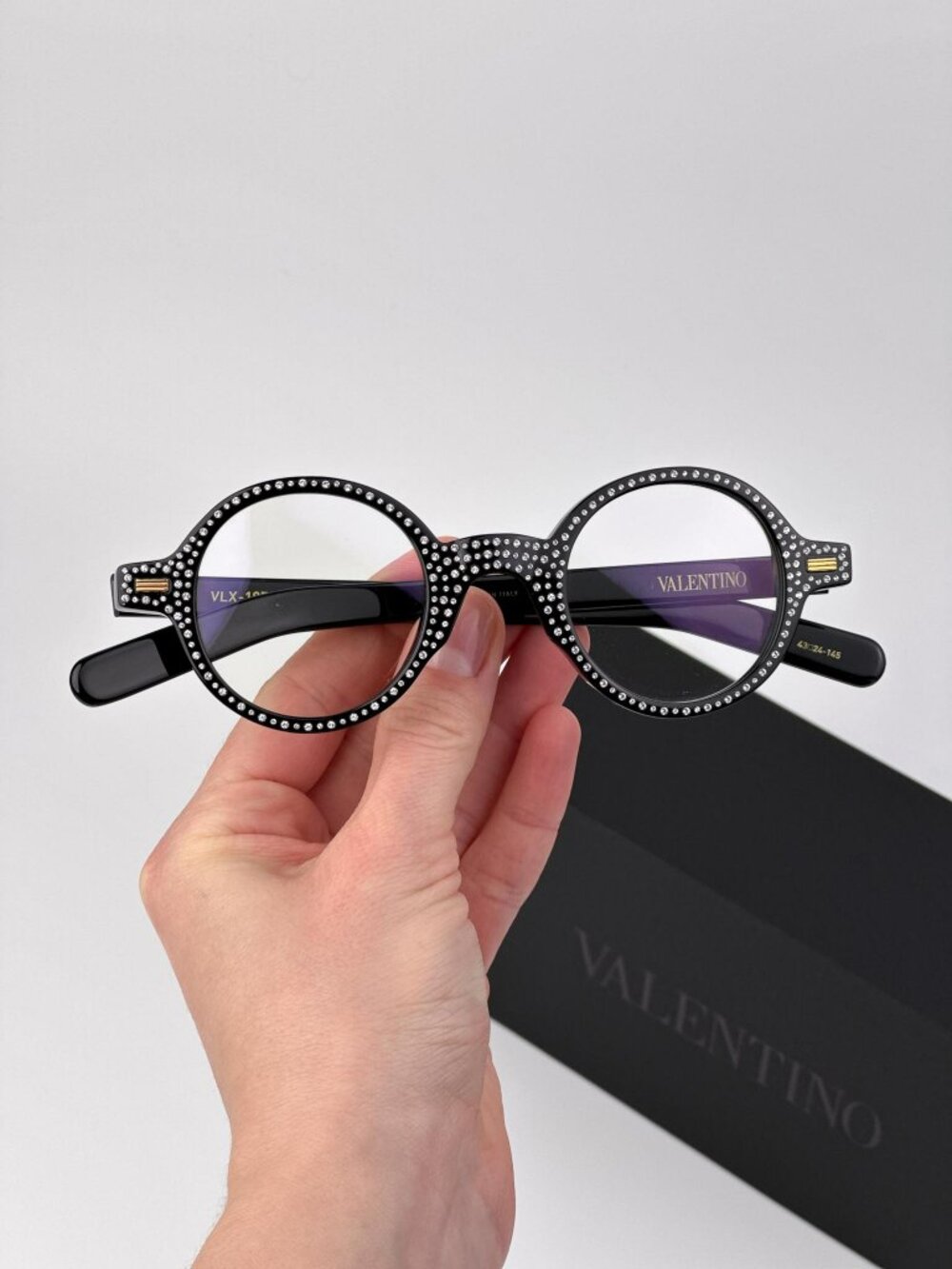 Valentino VLX-185 B Round Eyeglasses – Black with White Crystal Stones (Women)